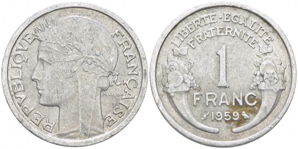 ФРАНЦИЯ 1 ФРАНК 1959 ТИП MORLON, LEGERE KM 885a.1, LE FRANC 221.23 алюминий 4402-1113