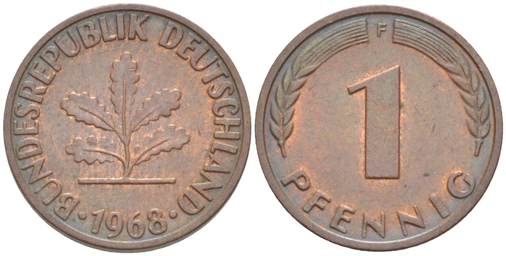 ФРГ 1 ПФЕННИГ 1968 F KM 105, J. 380 сталь плакированная медью 4181-546