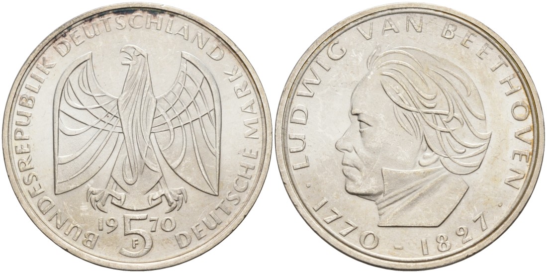 ФРГ 5 марок 1970 F, 200 лет со дня рождения Людвига ван Бетховена KM 127, J.408 серебро 88-223