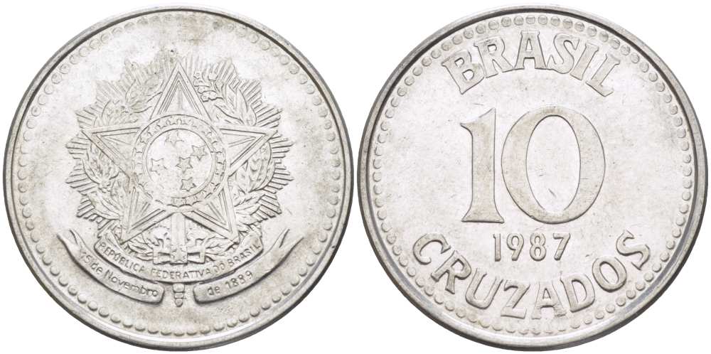 Бразилия 10 крузадо 1987 реформа 1986-1989 KM 607 нержавеющая сталь 175-1226