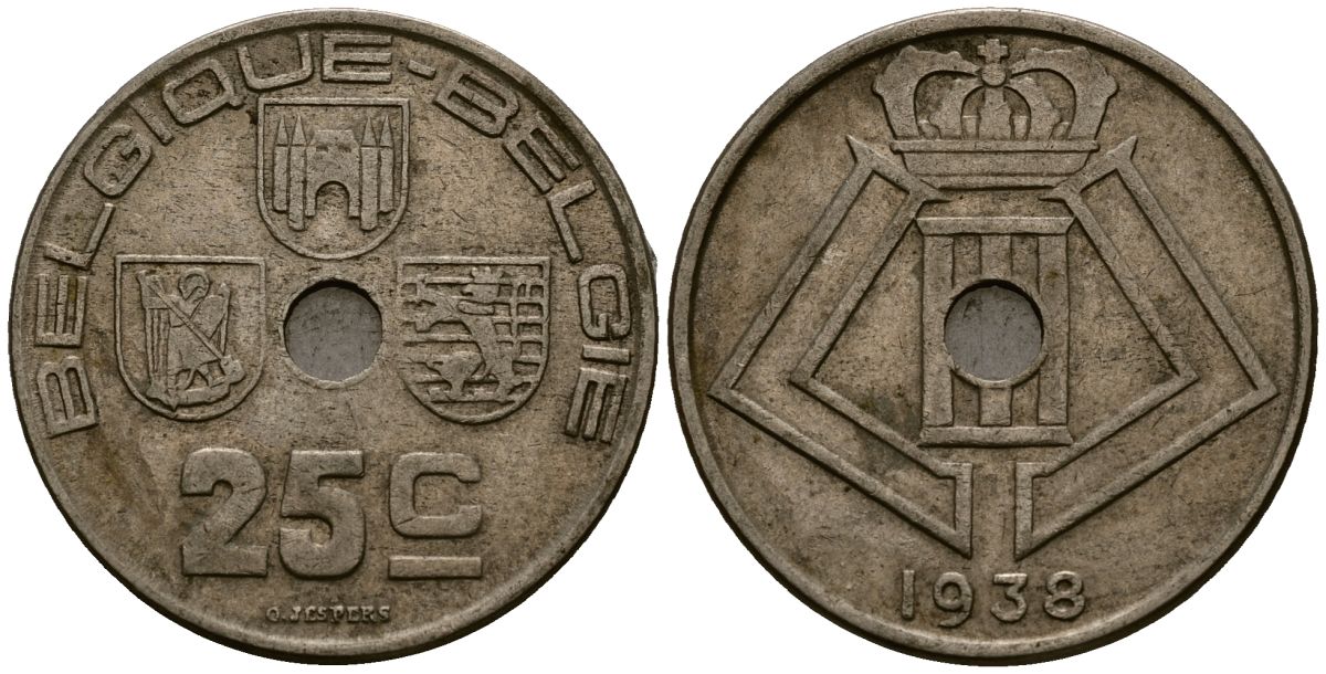 Бельгия 25 сантимов 1938 Belgique - Belgie KM 114 никель латунь 4383-823