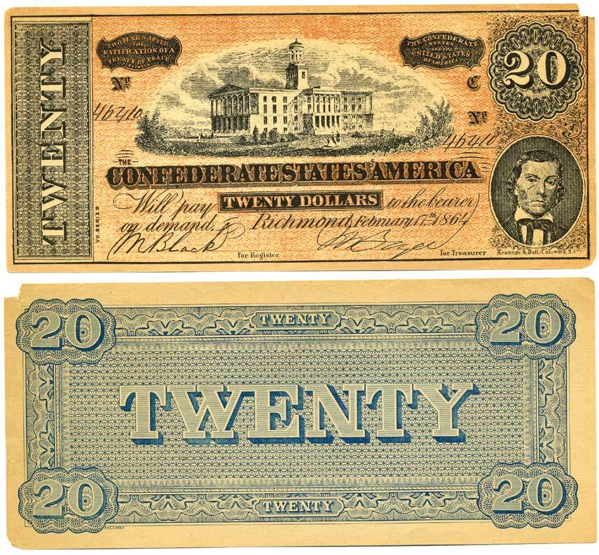 КОНФЕДЕРАТИВНЫЕ ШТАТЫ АМЕРИКИ 20 ДОЛЛАРОВ 1864 ШТАТ РИЧМОНД, КОПИЯ, ЭМИТАЦИЯ бумага 7523-24-2