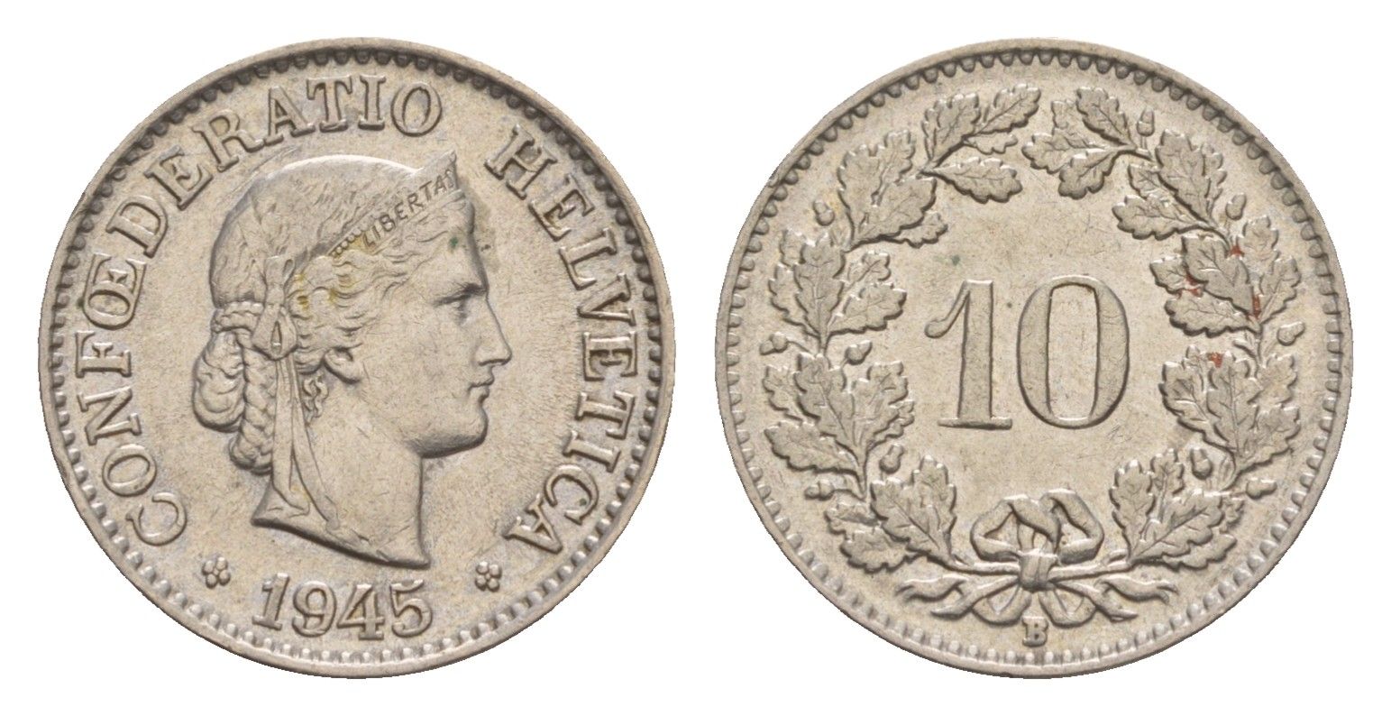 Швейцария 10 раппенов 1945 B, редкий год - 993.000 экземпляров KM 27 медно-никель 4655-119