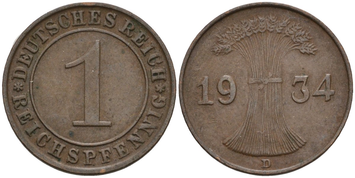 Германия 1 рейхспфенниг 1934 D KM 37, J. 313 бронза 4549-614