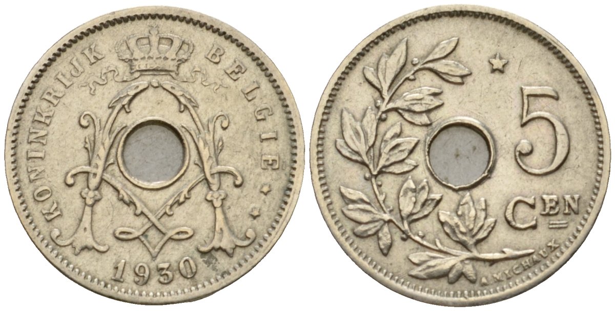 Бельгия 5 сантимов 1930 Belgique KM 66 медно-никель 4551-812