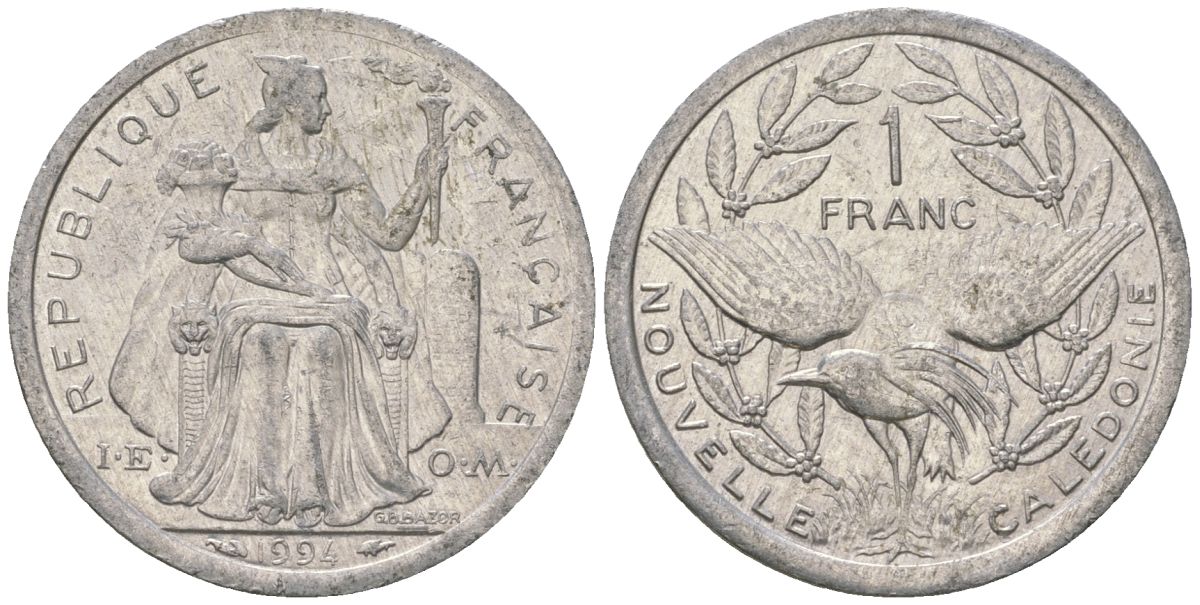 Французская Новая Каледония 1 франк 1994 птица кагу, (IEOM) KM 10, Schoen 10, Lec 52 алюминий 37-855