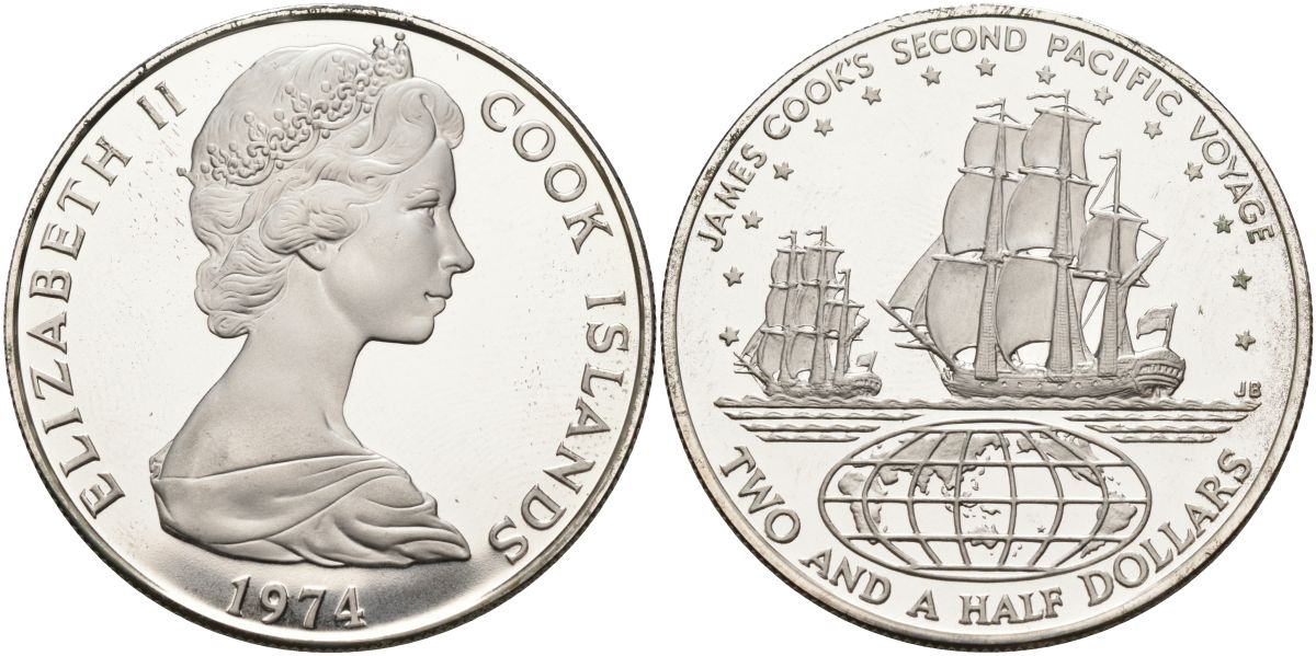 Острова Кука 2 1/2 доллара 1974 Джеймс Кук, второе путешествие, парусники KM 9 серебро PROOF 1098-4-64
