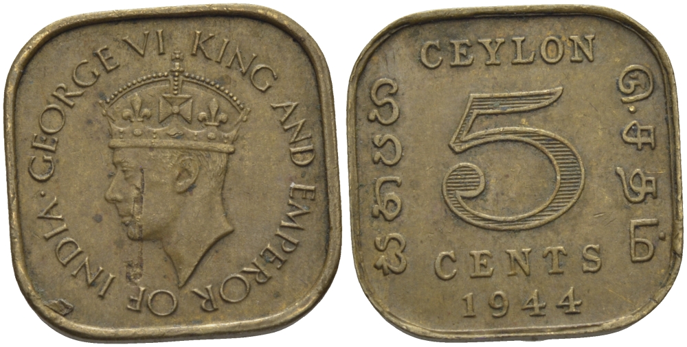 ЦЕЙЛОН 5 ЦЕНТОВ 1944 ГЕОРГ VI KM 113.2 никель латунь 26-661