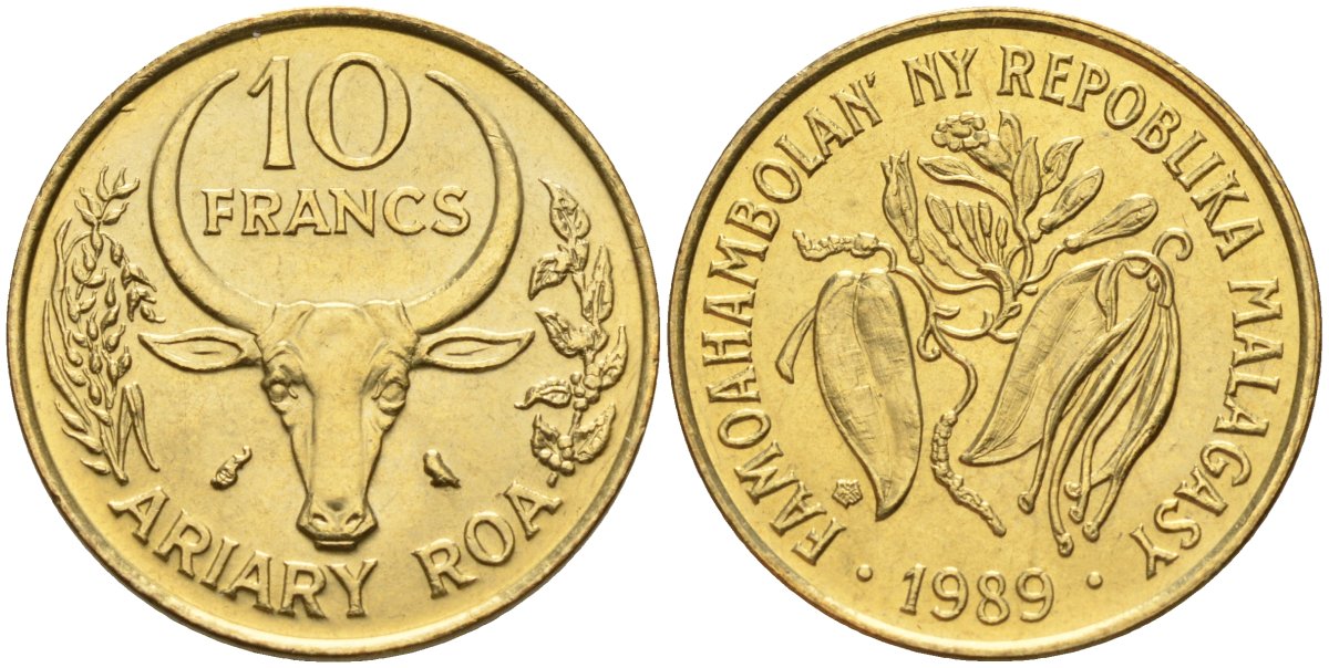 Мадагаскар 10 франков 1989 KM 11 алюминиевая бронза 4141-625