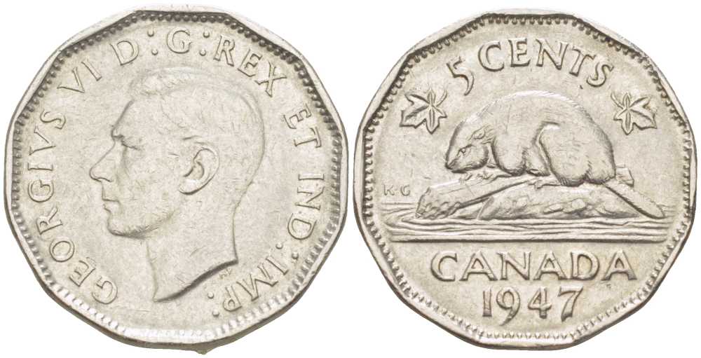 Канада 5 центов 1947 бобр, Георг VI (1937-1952) KM 39a никель 4448-856