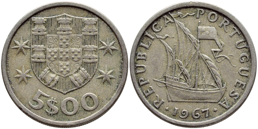 ПОРТУГАЛИЯ 5 ЭСКУДО 1967ПАРУСНИК KM 591 медно-никель 4395-854
