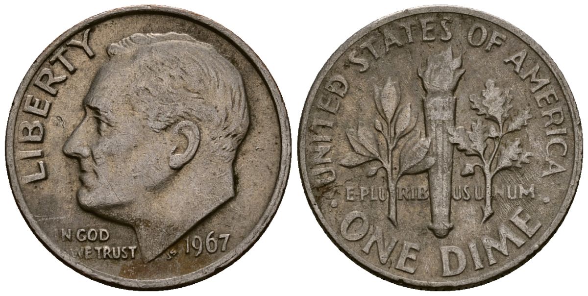 США 10 центов (дайм) 1967 Рузвельт KM 195a медь плакированная медно-никелем 4164-932
