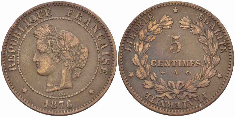 ФРАНЦИЯ 5 САНТИМОВ 1876 A, ТРЕТЬЯ РЕСПУБЛИКА (1871-1940) KM 821.1, LE FRANC 118.14 бронза 108-724