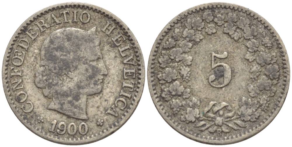 ШВЕЙЦАРИЯ 5 РАППЕНОВ 1900 В KM 26 медно-никель 4532-913