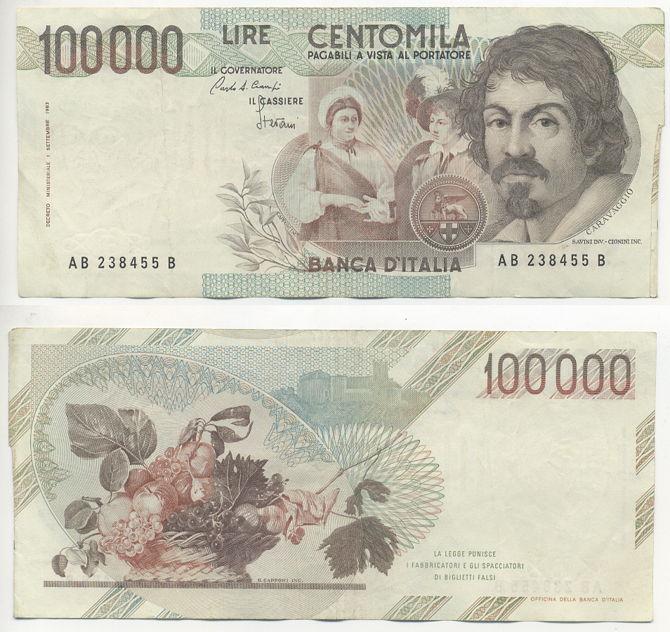 Италия 100000 лир 1983 Караваджо, фруктовый букет, подпись Speziali Pick 110b бумага 7220-26-3