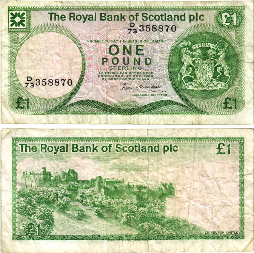 ШОТЛАНДИЯ 1 ФУНТ 1986 17 ДЕКАБРЯ 1986, ПОДПИСЬ R.M MAIDEN, ROYAL BANK OF SCOTLAND PLC Pick 341b бумага 8518-51-3-1