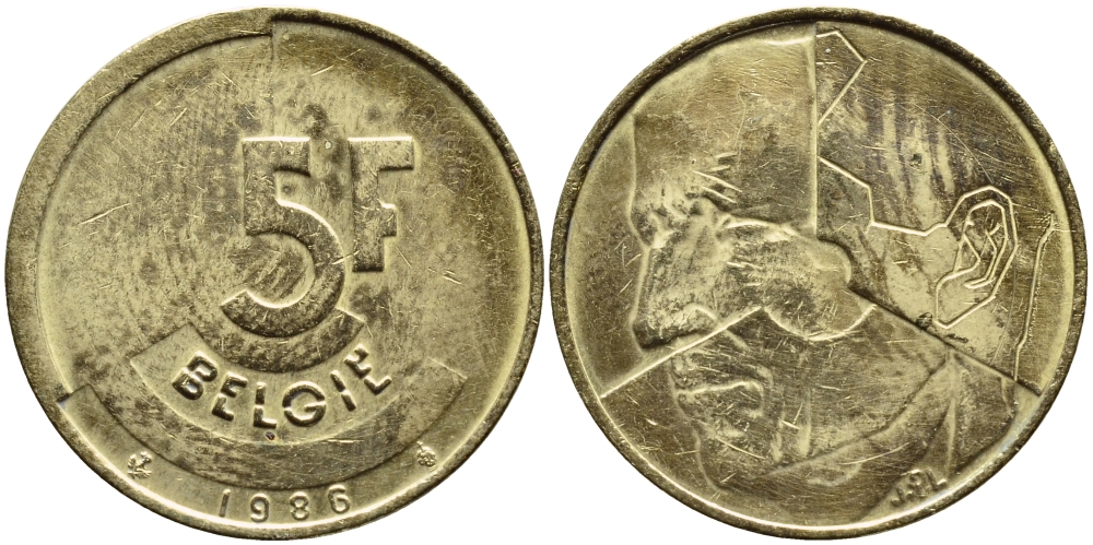 БЕЛЬГИЯ 5 ФРАНКОВ 1986 BELGIE KM 164 латунь или алюминевая бронза 4110-1126