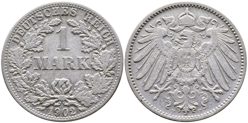 ГЕРМАНИЯ 1 МАРКА 1902 F KM 14 серебро 179-825