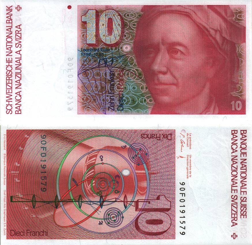 Швейцария 10 франков 1990 Леонард Эйлер, подпись 64 Pick 53 h бумага UNC (пресс) 8606-13-2-2