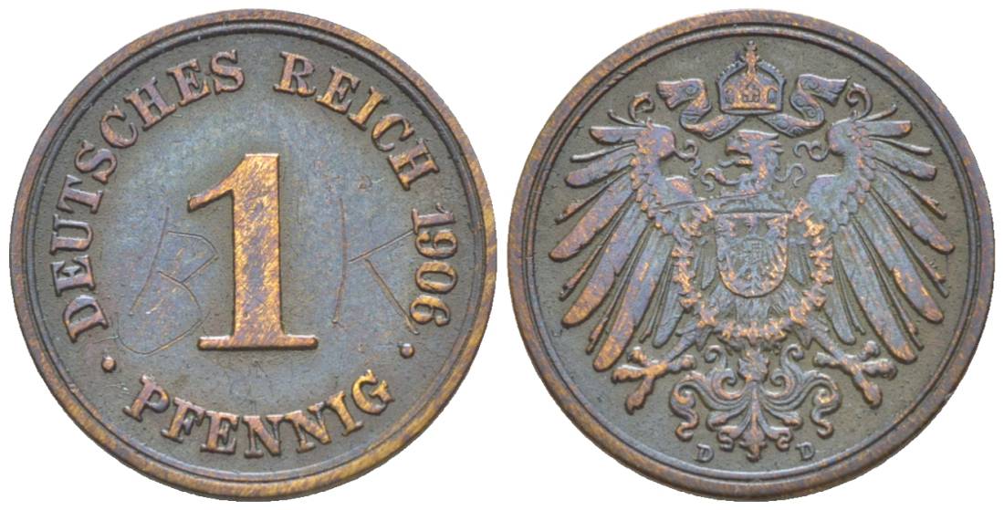 ГЕРМАНИЯ 1 ПФЕННИГ 1906 D KM 10, Jager. 10, Weege 2 медь 4528-1236