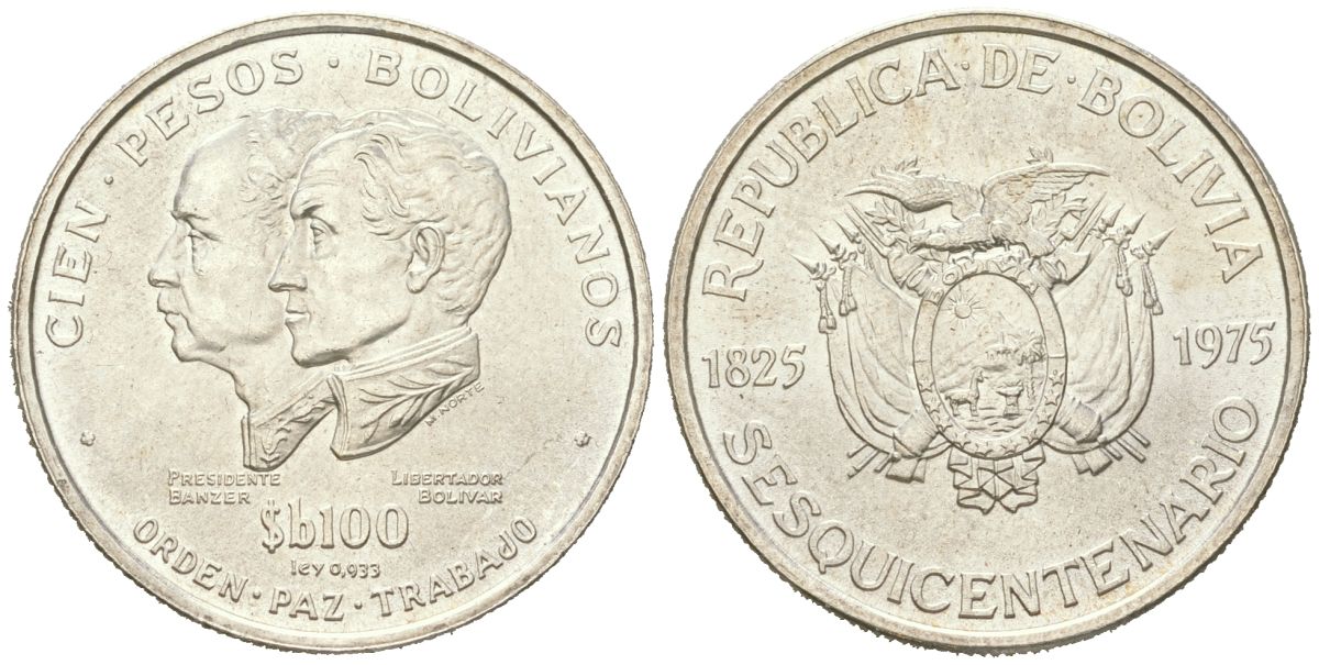Боливия 100 песо 1975 150 лет независимости KM 194 серебро UNC 443-431