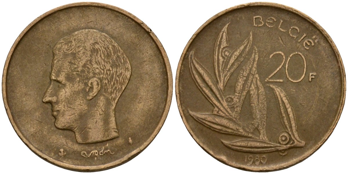 Бельгия 20 франков 1980 Belgie, Бодуэн I (1951-1993) KM 160 никель бронза 4599-146
