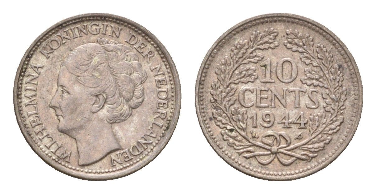 Нидерланды 10 центов 1944 Вильгельмина (1890-1948) KM 163 серебро aUNC 4669-1214