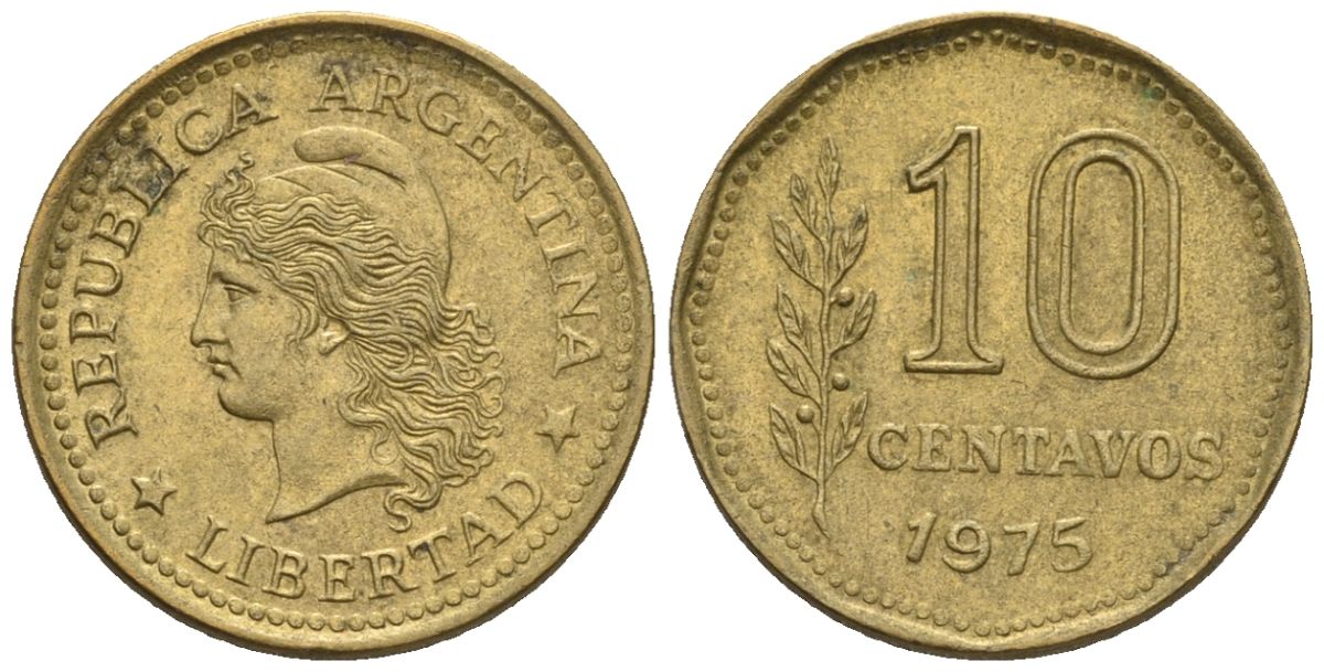 Аргентина 10 сентаво 1975 голова свободы влево KM 66, CJ 348, Schon 66 алюминиевая бронза    4609-1223