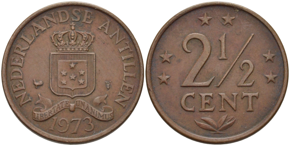 Нидерландские Антилы 2 1/2 цента 1973 Юлиана (1948-1980) KM 9 бронза 31-622