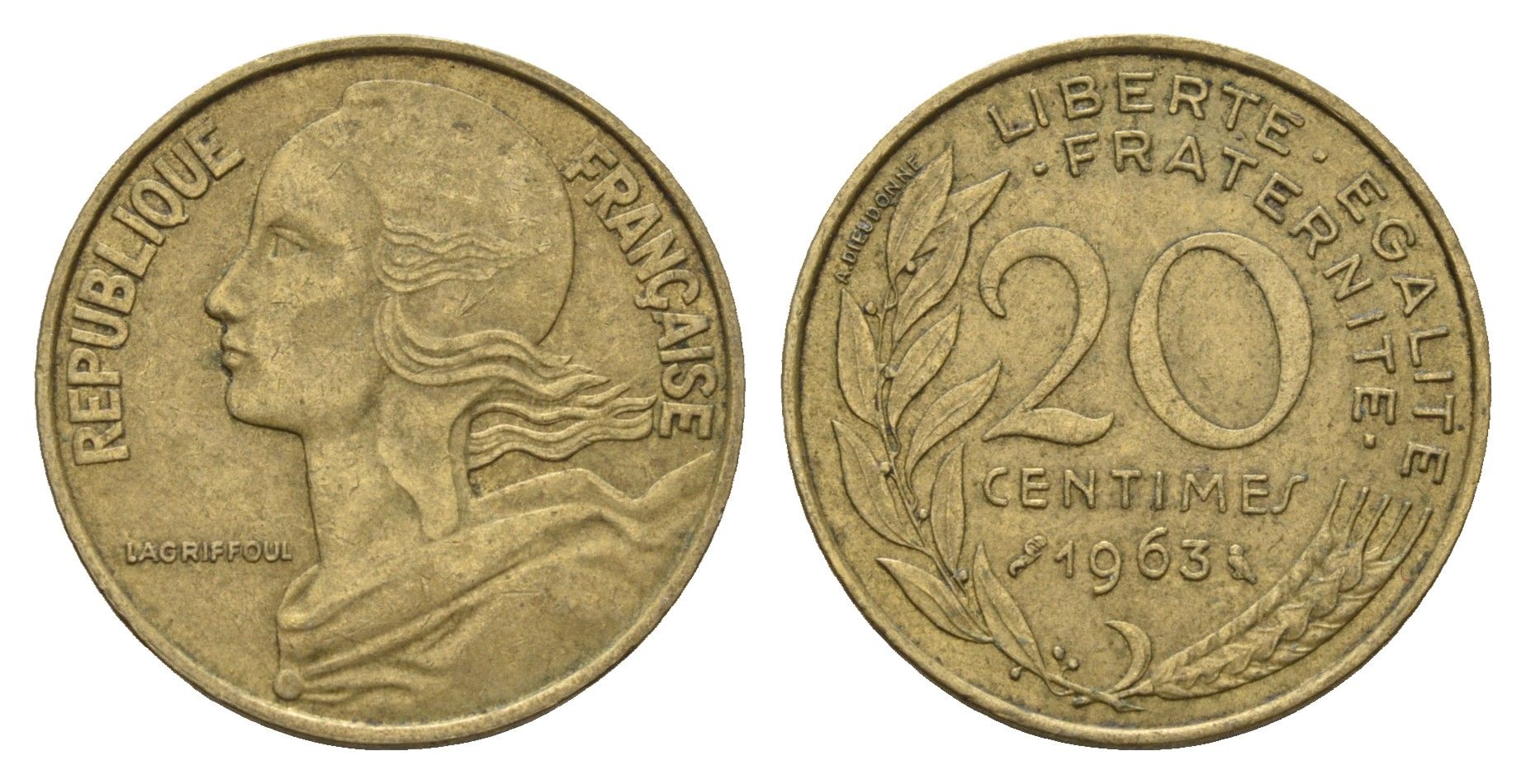 Франция 20 сантимов 1963 KM 930 алюминиевая бронза 3336-837