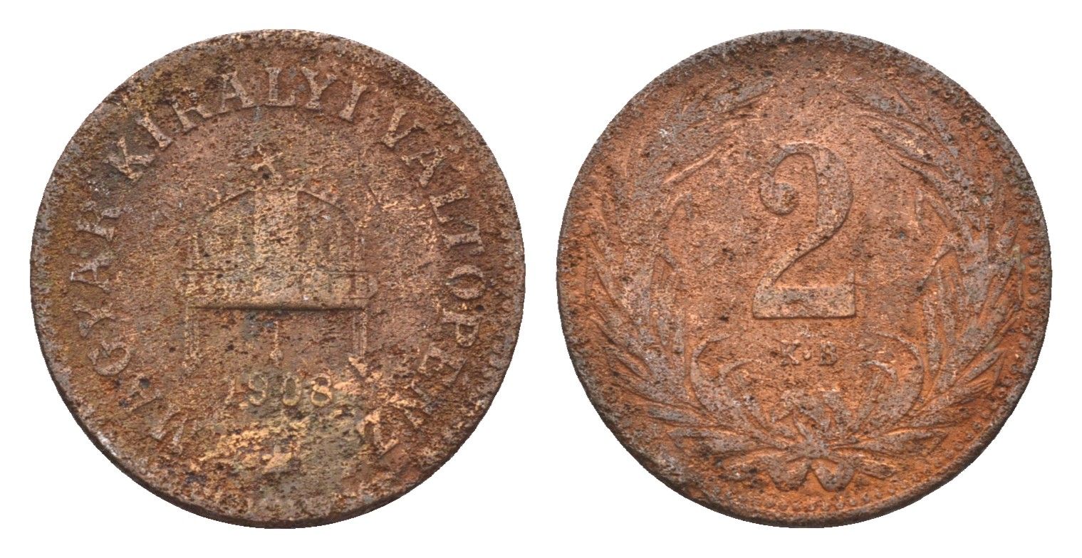 Венгрия 2 филлера 1908 KB, Франц Иосиф I (1848-1916) KM 481 бронза 4664-824