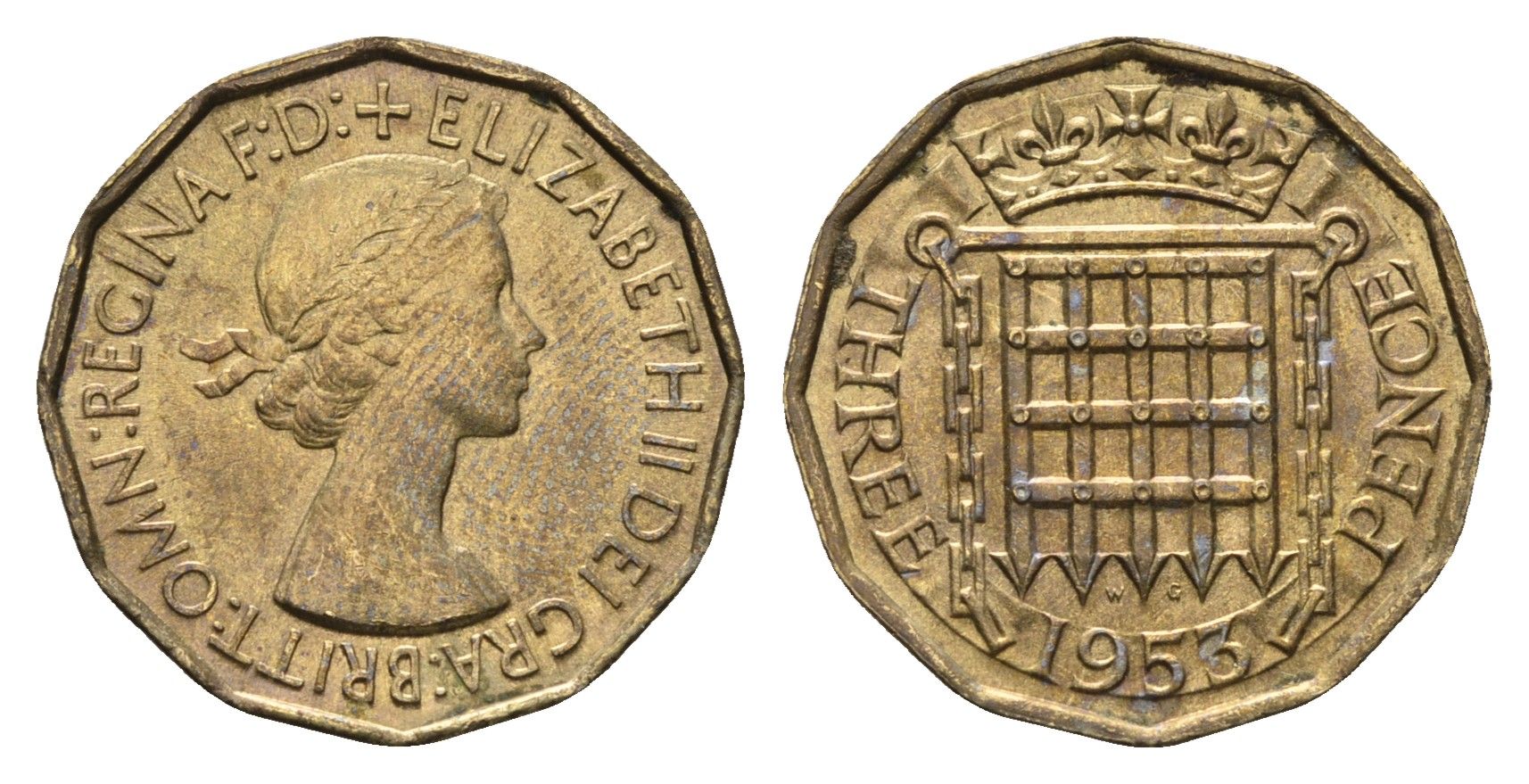 Великобритания 3 пенса 1953 Елизавета II (1952-2022), год-тип KM 886, Spink 4152 никель латунь UNC 4691-637