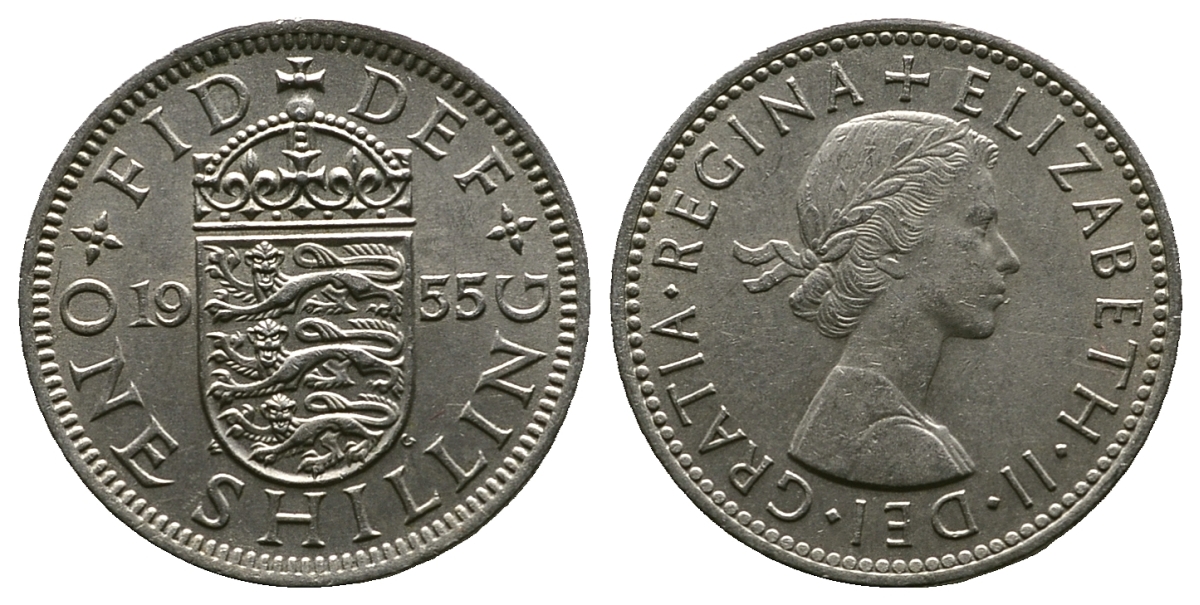 Великобритания 1 шиллинг 1955 Елизавета II (1952-2022), Английский герб KM 904, Spink 4147 медно-никель 261-1024