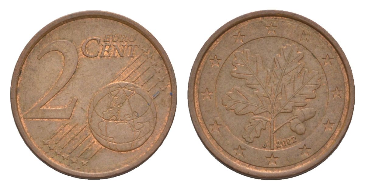 Германия 2 евроцента 2002 J KM 208 сталь плакированная медью 4630-447