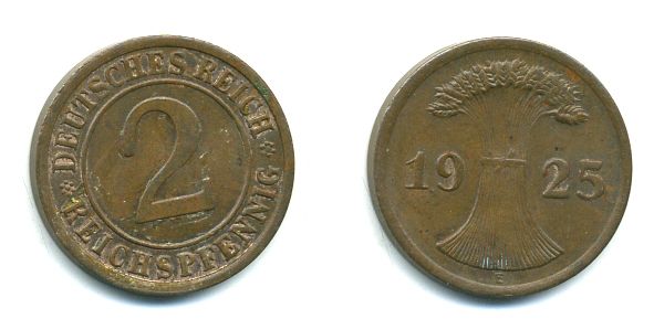 ГЕРМАНИЯ 2 РЕЙХСПФЕННИГА 1925 E KM 38, J. 314 бронза 46-1751