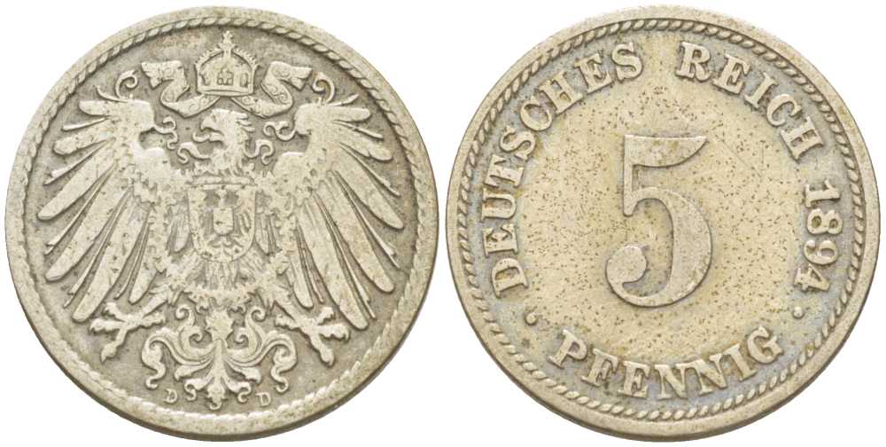 ГЕРМАНИЯ 5 ПФЕННИГОВ 1894 D KM 11, J. 12, Weege 6 медно-никель 206-915