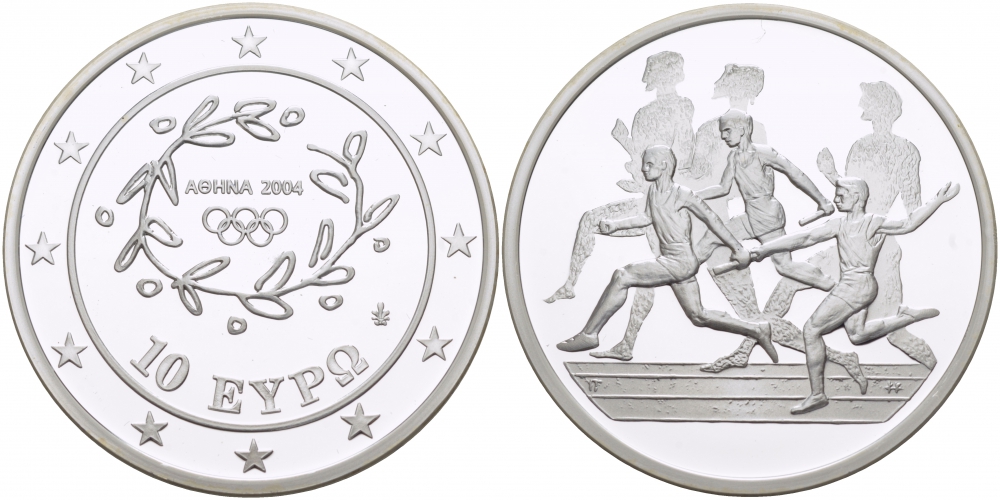 Греция 10 евро 2003 XXVIII летние Олимпийские игры 2004 года в Афинах, легкая атлетика, эстафета KM 196 серебро PROOF 1074-6-13