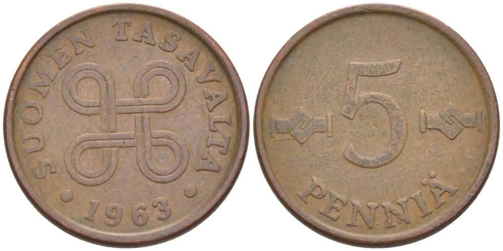 ФИНЛЯНДИЯ 5 ПЕННИ 1963 KM 45 медь 218-1265