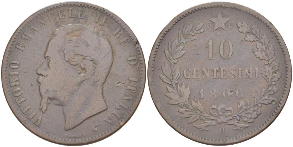 ИТАЛИЯ 10 ЧЕНТЕЗИМО 1866 H, МОНДВОР БИРМИНГЕМ, ВИКТОР ЭММАНУИЛ II (1861-1878) KM 11.3 медь 4526-823