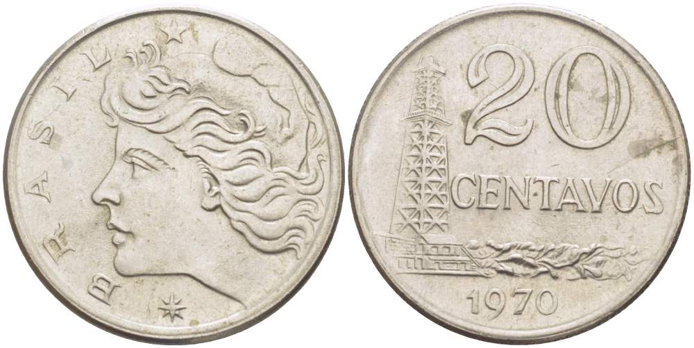 Бразилия 20 сентаво 1970 голова Свободы влево KM 579.2, Schon 84a медно-никель 4529-414