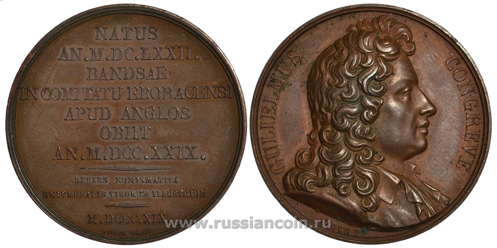 Англия медаль 1829 Уильям Конгрив, писатель (Gulielmus Congreve), d 41 mm, вес 39,4 гр бронза 11-203-11
