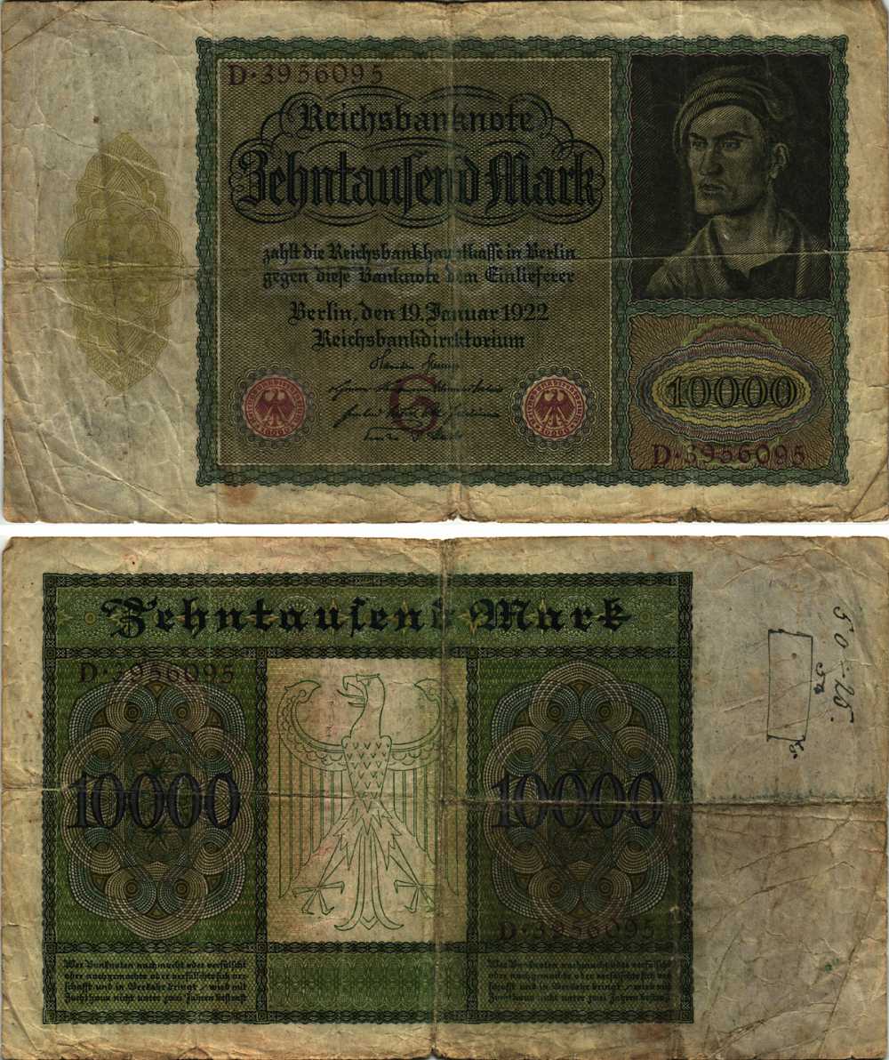 ГЕРМАНИЯ 10000 МАРОК 1922 19 ЯНВАРЯ 1922, АЛЬБРЕХТ ДЮРЕР, БУКВА G Pick 70 бумага 8610-34-1