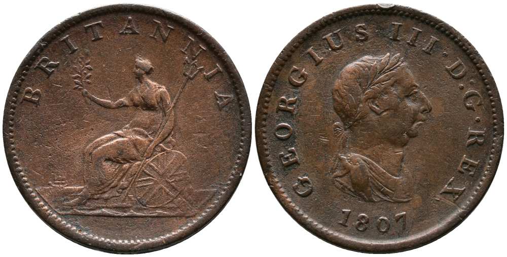 Великобритания 1/2 пенни 1807 Георг III (1760-1820) KM 662, Spink 3781 медь 1518-714
