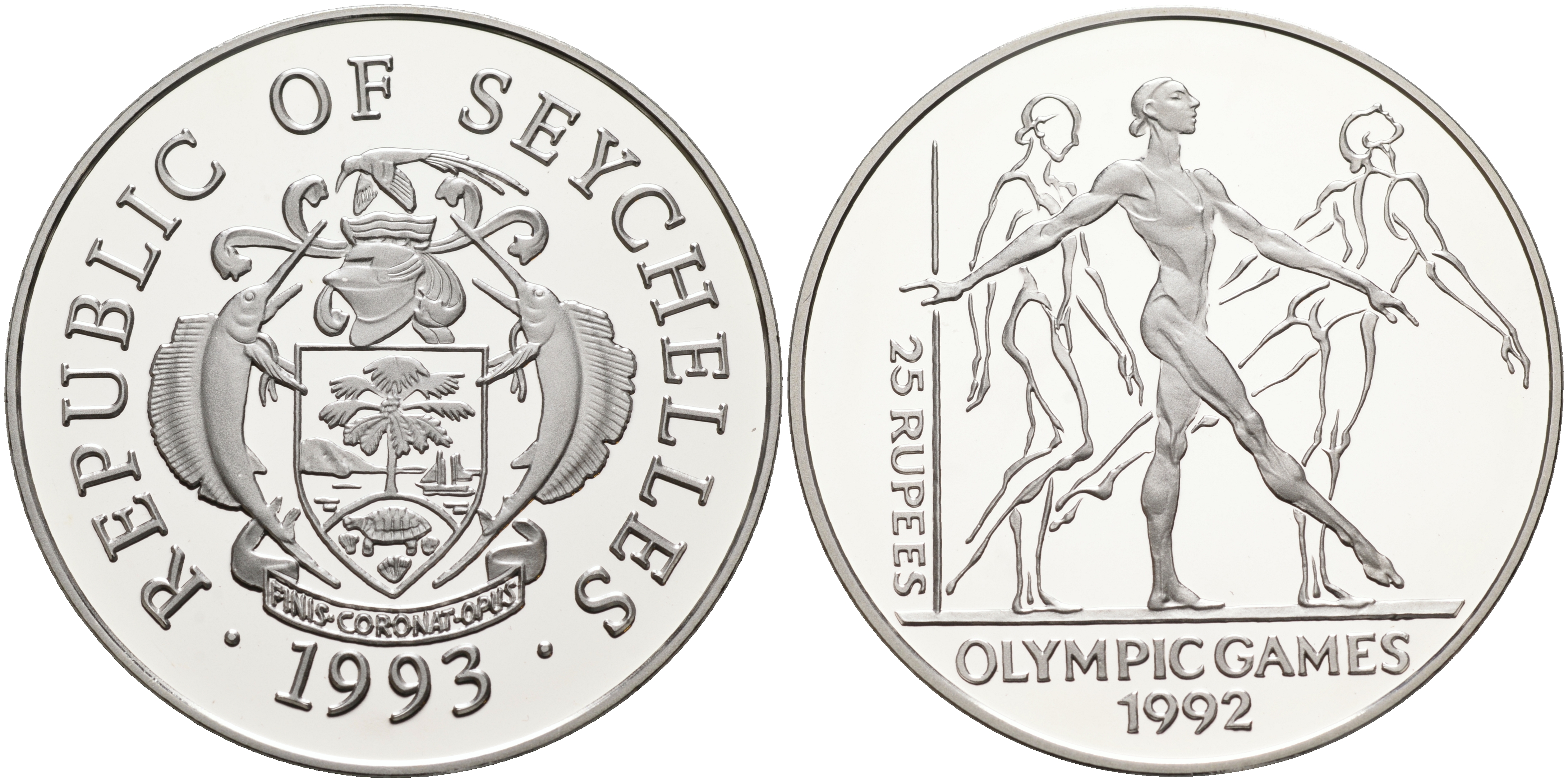 Сейшельские острова 25 рупий 1993 XXV летние олимпийские игры 1992 года в Барселоне, гиманстика, тираж 40000 экз. KM 70 серебро PROOF 02-078-14