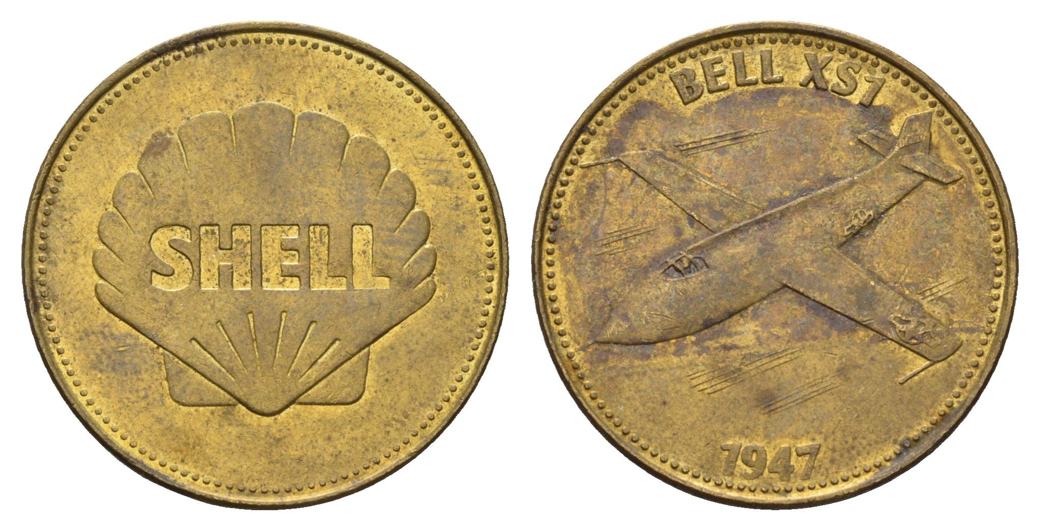 Франция жетон Shell - Человек в полете - Bell X-1 1969 диаметр 26 мм, вес 5 гр сталь плакированная латунью 4703-346