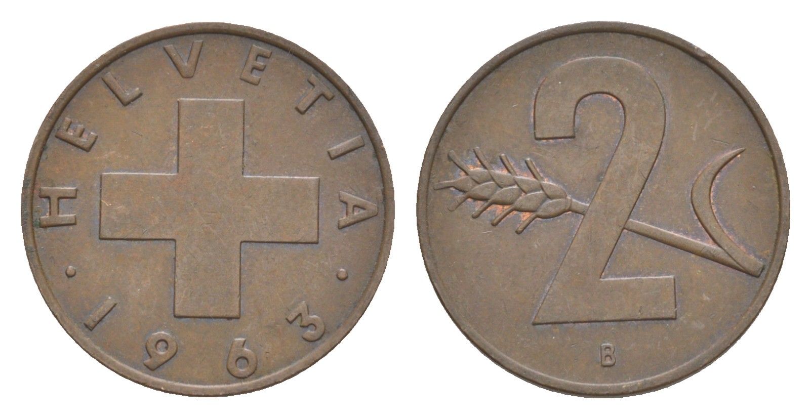 Швейцария 2 раппена 1963 B KM 47 бронза 4630-759