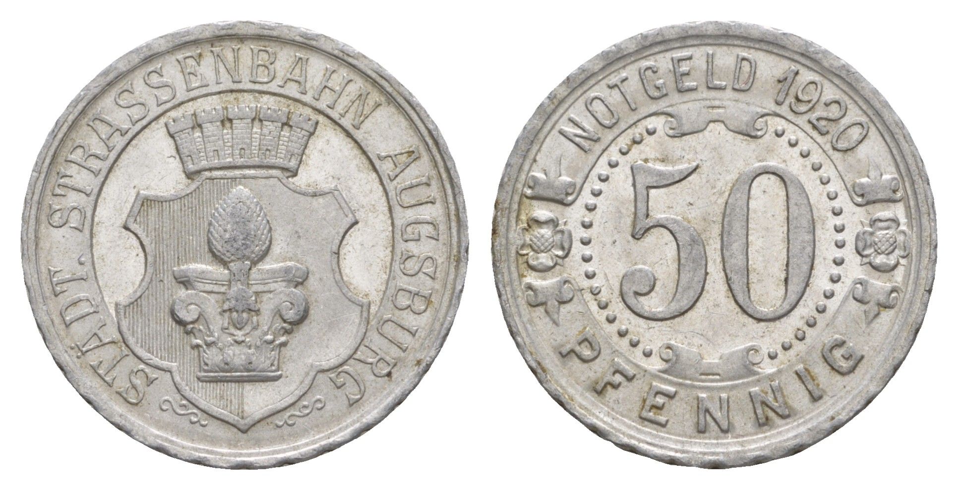 Аугсбург 50 пфеннигов 1920 трамвайный жетон Men05 1079.2, Men18 1398.2 алюминий 4637-1255