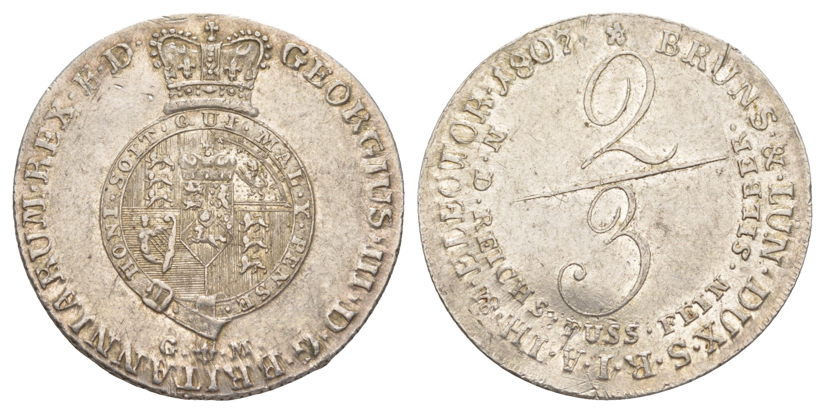 Брауншвейг-Люнебург-Ганновер 2/3 талера 1807 GFM, Георг III (1760-1820), из коллекции Ричарда Б. Смита Smith 230, Welter 2815, KM 422 серебро 1525-1111