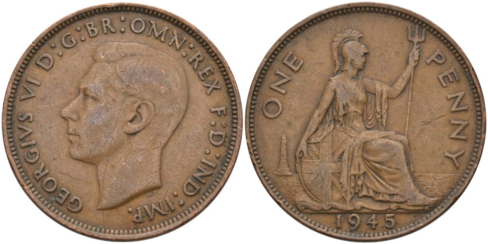 Великобритания 1 пенни 1945 Георг VI (1936-1952) KM 845, Spink 4114 бронза 4574-136