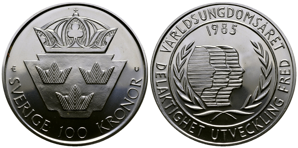 Швеция 100 крон 1985 Карл XVI Густав (1973- ), Международный год молодежи KM 864 серебро UNC 1521-512